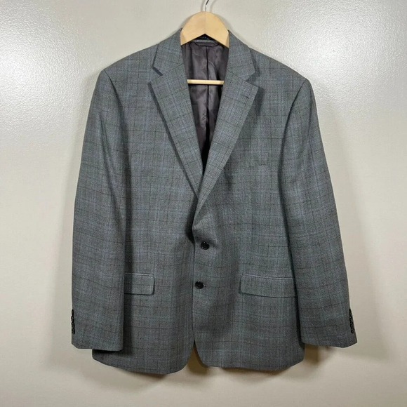 Lauren Ralph Lauren Blazer Jacket Mens Size 44R Silk Wool Gray Plaid Sport Coat - Picture 1 of 9
